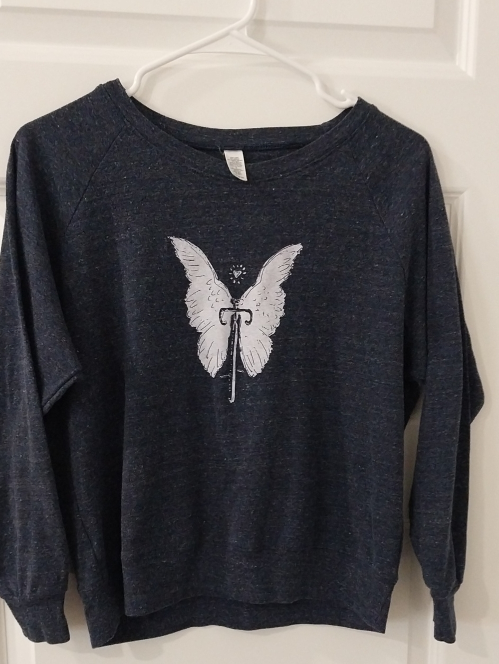 Dark Heather Navy Crewneck Sweater with White Bike Angel Wings Graphic